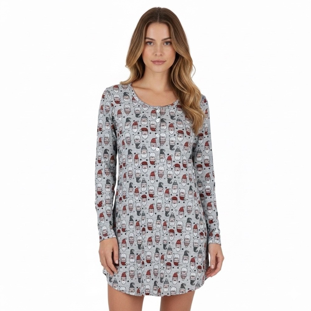 NWT Santa's Treasures Henley Tunic Sleep Shirt Gray Santa Christmas Cozy Size M